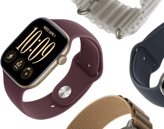 Paski do Apple Watch Series 11: pasek sportowy w kolorze mlecznego fioletu, pasek Ocean w kolorze marynarskiego granatu, opaska Alpine w kolorze jasnoniebieskim