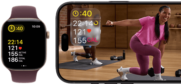 Apple Watch obok iPhone’a z treningiem Apple Fitness+ wyświetlonym na ekranie