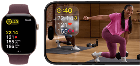 Apple Watch obok iPhone’a z treningiem Apple Fitness+ wyświetlonym na ekranie