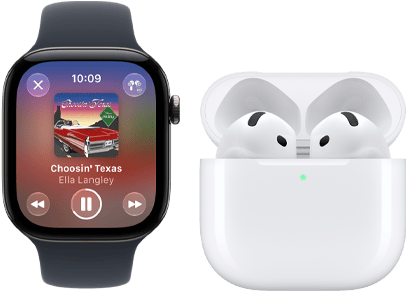 Apple Watch Series 12 z kopertą z aluminium w kolorze czarnym, z czarnym paskiem sportowym, z otwartą aplikacją Apple Music, sparowany ze słuchawkami AirPods 4