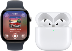 Apple Watch Series 12 z kopertą z aluminium w kolorze czarnym, z czarnym paskiem sportowym, z otwartą aplikacją Apple Music, sparowany ze słuchawkami AirPods 4