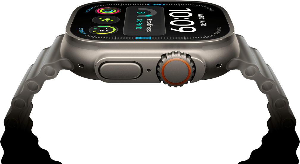 Apple Watch Ultra 4 z kopertą z tytanu w kolorze naturalnym, tarcza cyfrowego zegara, komplikacje: gotowość, tętno, Treningi, temperatura, widoczny prawy bok urządzenia, pokrętło Digital Crown, wystający przycisk boczny; pasek Ocean w kolorze półprzezroczystej szarości