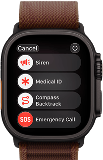 Apple Watch Ultra 4 z kopertą z tytanu w kolorze czarnym, połączenie satelitarne, widoczny prawy bok urządzenia, pokrętło Digital Crown, wystający przycisk boczny, opaska Alpine w kolorze burgunda