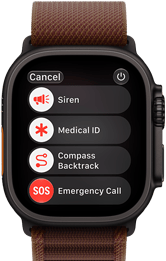 Apple Watch Ultra 4 z kopertą z tytanu w kolorze czarnym, połączenie satelitarne, widoczny prawy bok urządzenia, pokrętło Digital Crown, wystający przycisk boczny, opaska Alpine w kolorze burgunda