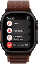 Apple Watch Ultra 4 z kopertą z tytanu w kolorze czarnym, połączenie satelitarne, widoczny prawy bok urządzenia, pokrętło Digital Crown, wystający przycisk boczny, opaska Alpine w kolorze burgunda