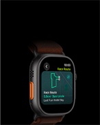 Apple Watch Ultra 4 z kopertą z tytanu w kolorze czarnym, opaska Alpine w kolorze burgunda, na ekranie funkcja Wyścig na trasie z zaznaczonym trasą biegową na mapie