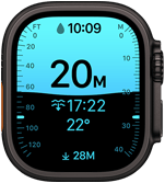 Apple Watch Ultra 4 z kopertą z tytanu w kolorze czarnym, widać aplikację Głębokość pokazującą parametry nurkowania, prawa strona obudowy, pokrętło Digital Crown, wystający przycisk boczny