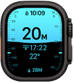 Apple Watch Ultra 4 z kopertą z tytanu w kolorze czarnym, widać aplikację Głębokość pokazującą parametry nurkowania, prawa strona obudowy, pokrętło Digital Crown, wystający przycisk boczny
