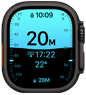 Apple Watch Ultra 4 z kopertą z tytanu w kolorze czarnym, widać aplikację Głębokość pokazującą parametry nurkowania, prawa strona obudowy, pokrętło Digital Crown, wystający przycisk boczny
