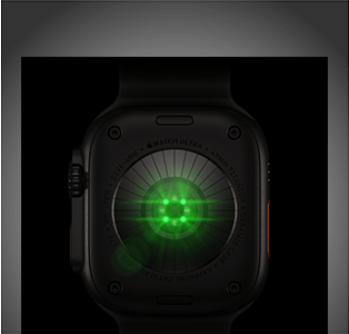 Tył Apple Watch Ultra 4, koperta z tytanu w kolorze czarnym z wieloma okrągłymi czujnikami i poświatą zielonych diod LED