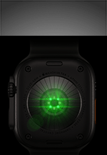 Tył Apple Watch Ultra 4, koperta z tytanu w kolorze czarnym z wieloma okrągłymi czujnikami i poświatą zielonych diod LED