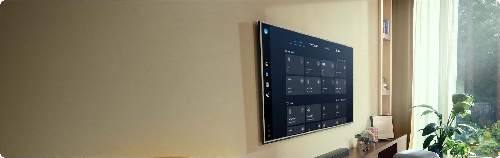 Telewizor z w&lstrok;&aogon;czon&aogon; funkcj&aogon; Smart Hub w wyciemnionym salonie.