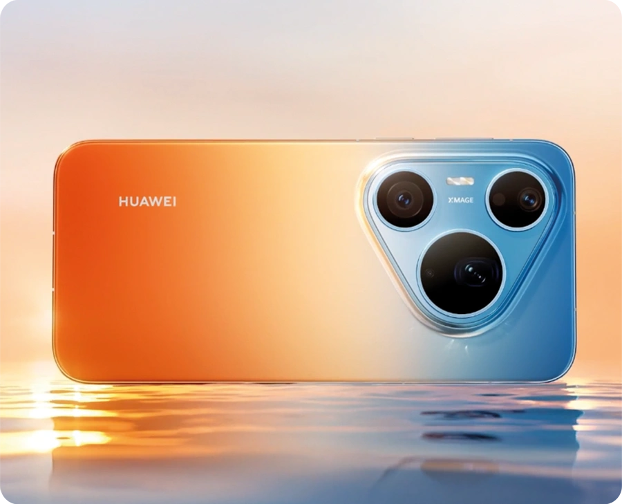Tył smartfona Huawei z 3 obiektywami, z pomarańczowo-niebieską gradientową obudową