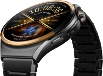 Zbliżenie na kopertę zegarka HUAWEI Watch 6 Pro space edition, ze złotym wykończeniem, z koronką i sensorem elektronicznym 