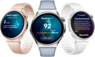 Trzy zegarki HUAWEI Watch 6 obok siebie, od lewej: active różowy, active niebieski i classic biały