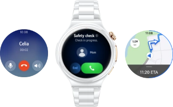Zegarek HUAWEI Watch 6 Pro ceramiczny biały wyświetla grafikę rozmowy telefonicznej, obok tarcza z mapą i druga z połączeniem