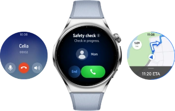 Zegarek HUAWEI Watch 6 na ekranie grafika rozmowy telefonicznej, obok tarcza z mapą i druga z przychodzącym połączeniem