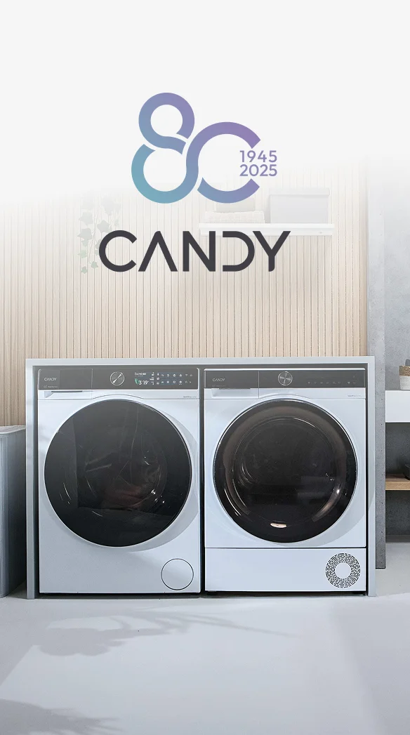Logo 80 lat Candy 1945–2025 nad pralką i suszarką Candy