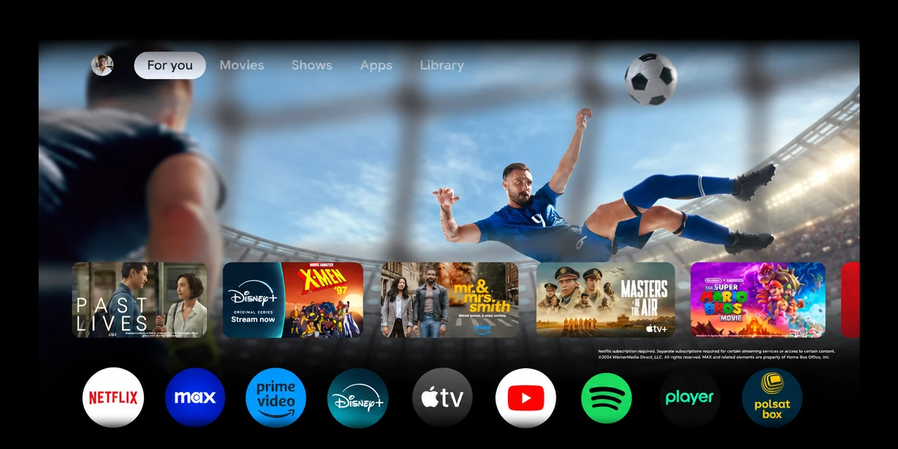 Google TV - aplikacje Netflix, Max, Prime Video, Disney+, Apple TV, YouTube, Spotify, Player, Polsat Box