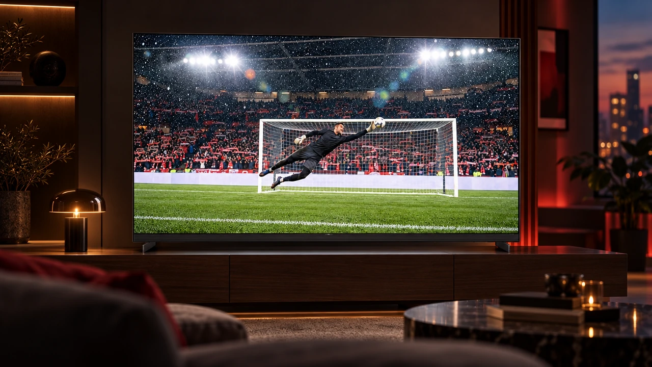 Telewizor TCL w ciemnym salonie wyświetlający mecz w deszczu pod jupiterami stadionu