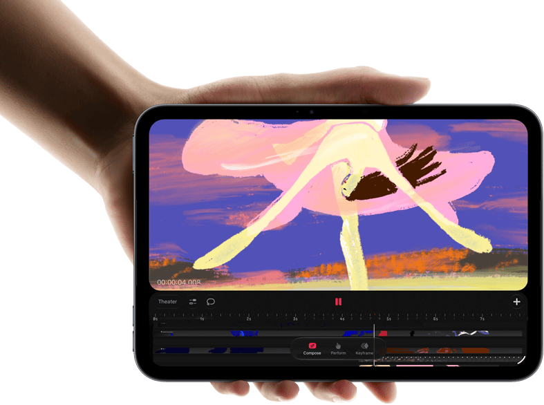 Widoczny od przodu iPad mini trzymany w dłoni, na ekranie widać interfejs do edycji wideo z kolorowymi klipami, poniżej wzmianka o czipie A20 Pro