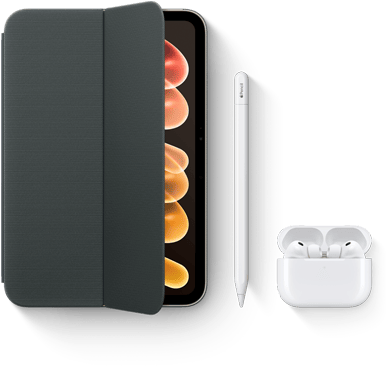 iPad mini ze zgodnymi akcesoriami, takimi jak etui Smart Folio do iPada mini (A20 Pro), Apple Pencil USB‑C i AirPods Pro 3