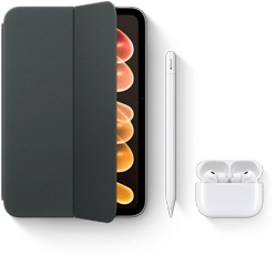 iPad mini ze zgodnymi akcesoriami, takimi jak etui Smart Folio do iPada mini (A20 Pro), Apple Pencil USB‑C i AirPods Pro 3