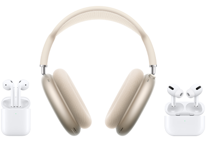 AirPods Pro w otwartym etui ładującym w kolorze białym i HomePod mini w kolorze północy