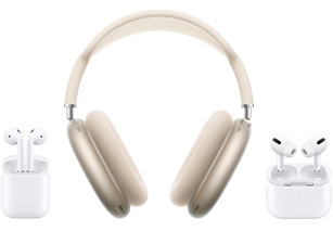 AirPods Pro w otwartym etui ładującym w kolorze białym i HomePod mini w kolorze północy