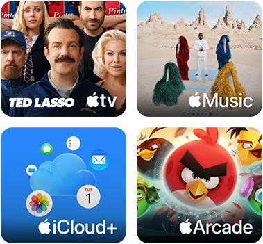 Kafelki Apple One: Apple TV, Apple Music, iCloud+ I Apple Arcade