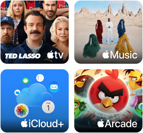 Kafelki Apple One: Apple TV, Apple Music, iCloud+ I Apple Arcade