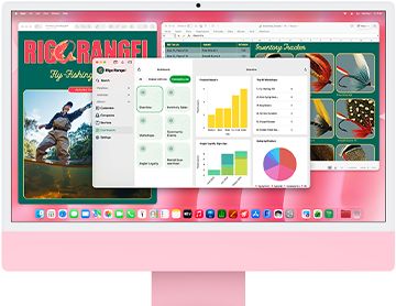iMac, przód obudowy, kolor różowy, na ekranie widać wiele otwartych aplikacji