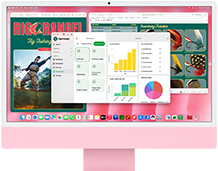 iMac, przód obudowy, kolor różowy, na ekranie widać wiele otwartych aplikacji