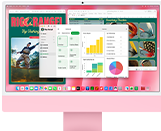 iMac, przód obudowy, kolor różowy, na ekranie widać wiele otwartych aplikacji
