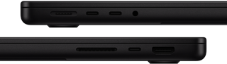 Prezentacja portów w MacBooku Pro. Z lewej strony: MagSafe, dwa porty Thunderbolt i gniazdo słuchawkowe. Z prawej strony: gniazdo na kartę SDXC, jeden port Thunderbolt i port HDMI