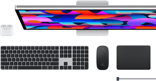 Akcesoria do Maca: AirPods, Studio Display, Magic Keyboard, Magic Mouse, Magic Trackpad, przewód ładujący MagSafe