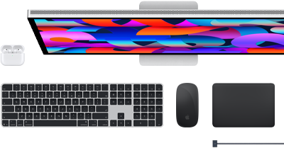 Akcesoria do Maca: AirPods, Studio Display, Magic Keyboard, Magic Mouse, Magic Trackpad, przewód ładujący MagSafe