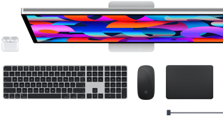 Akcesoria do Maca: AirPods, Studio Display, Magic Keyboard, Magic Mouse, Magic Trackpad, przewód ładujący MagSafe