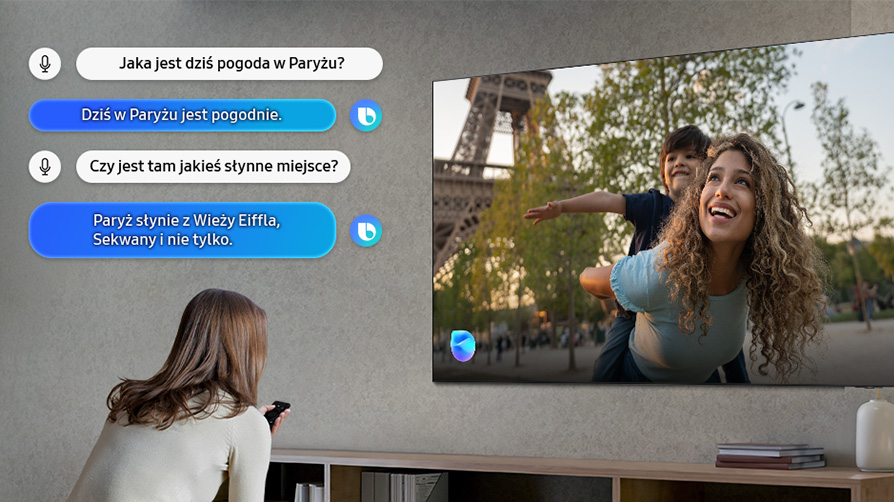 Asystent Głosowy AI w telewizorze Samsung Mini LED Neo QLED kobieta w salonie
