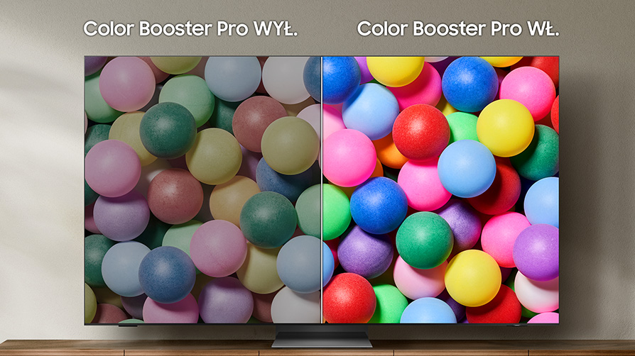 Porównanie obrazu z Color Booster Pro włączonym i wyłączonym w telewizorze Samsung Mini LED.